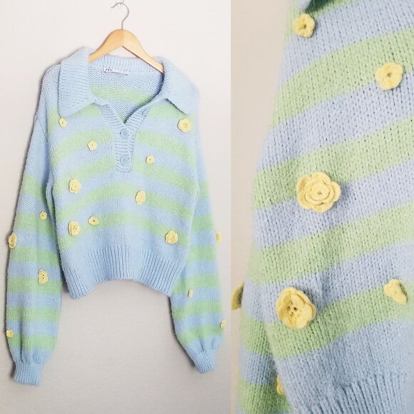 Zara Crochet 3D Floral Embroidered Striped Polo Collared Sweater L Blue Fairy - Picture 11 of 16